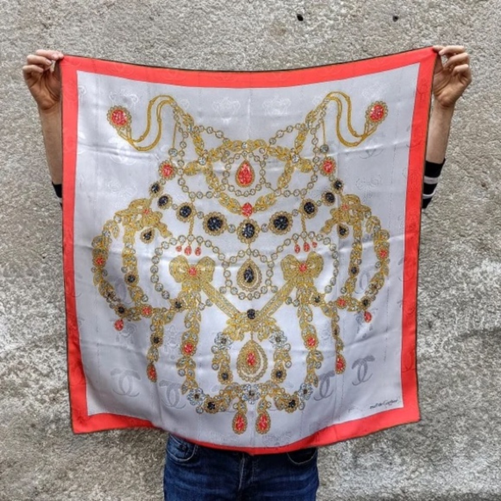 Cartier Must de Cartier Silk Scarf Ivory x Red-Orange Jewel Pattern